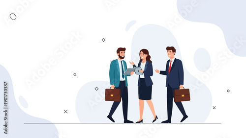 Business team collaborating on a project with digital tablet and briefcases