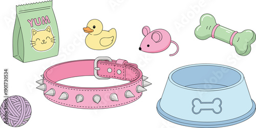 Cute kawaii pet accessories set with toys food bowl collar treats, cartoon cat dog supplies illustration isolated on white background vector