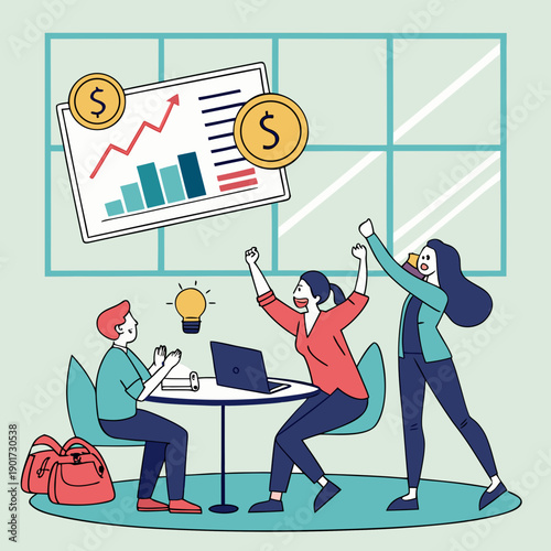 Startup funding scene with investors and money floating