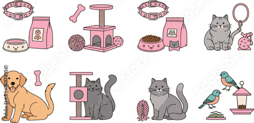 Cute kawaii pet care set with cats dogs toys food accessories, cartoon animal supplies illustration isolated on white background vector