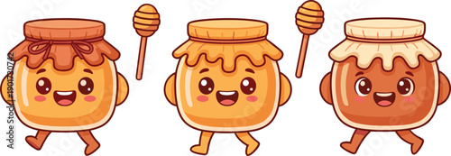 Cute kawaii honey jar characters set with dipper, smiling sweet food mascots, playful cartoon illustration isolated on white background vector