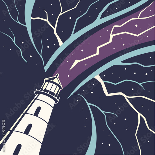 Interstellar light fracture shards emanating from lighthouse