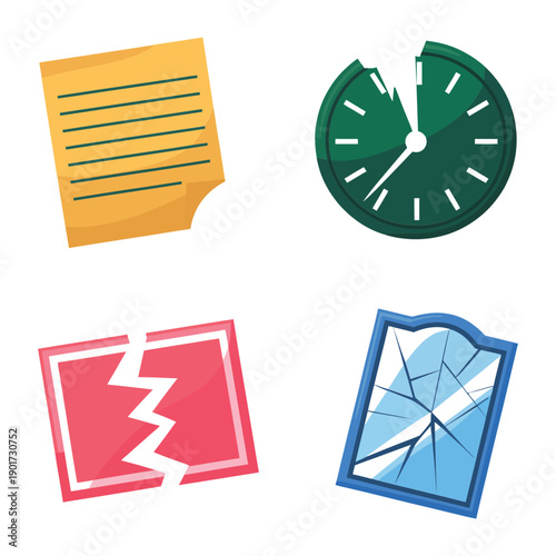 Office incident vector icons with sticky notes, broken paper, cracked glass, and sliced chart, reminder graphics for report and presentation
