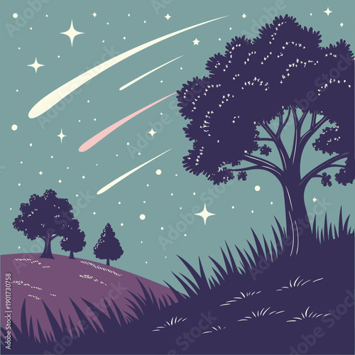 Luminous meteor shower frozen mid motion over trees