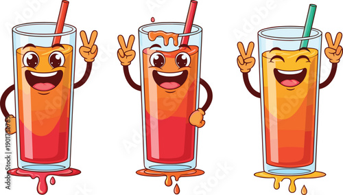 Cute cartoon juice glass characters set, smiling drink mascots with straw, colorful beverage illustration isolated on white background vector