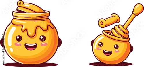 Cute kawaii honey jar character with dripping honey and dipper, smiling sweet food mascot illustration isolated on white background vector