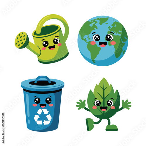 Eco friendly kawaii icons with watering can, smiling earth, recycle bin and leaf sprout, green lifestyle poster, environment awareness design