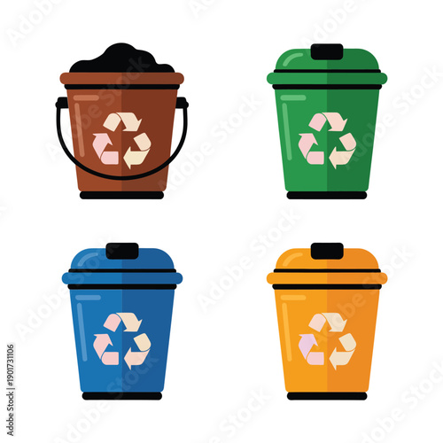 Recycling bins set vector, brown green blue yellow, waste segregation poster, community cleanup day branding, sorting rules workshop session schedule