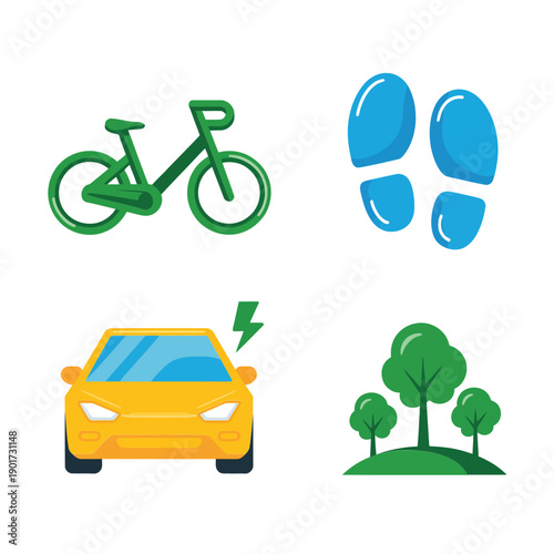 Bike and electric car with trees, commute fair poster, test ride zone, charging demo session, safety gear booth, route maps