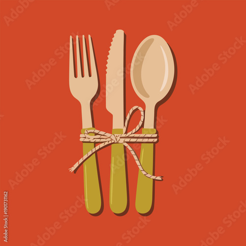 Rustic table setting with bamboo cutlery tied by twine, farm to table dinner illustration for wedding reception, harvest festival design