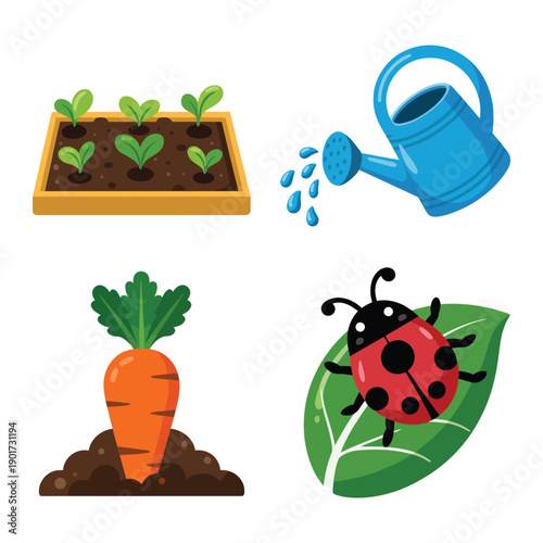 Watering can with raised seedling bed, carrot sprout and ladybug, home garden care illustration for beginner growers, spring planting design
