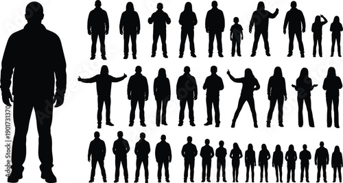 Human silhouettes collection, men women children standing poses, different ages sizes, black vector figures, isolated white background, design set illustration