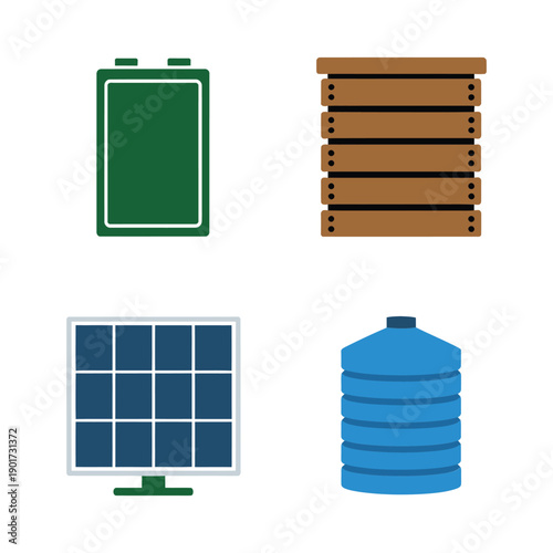 Solar panel, water storage tank, rechargeable battery, wooden crate vector set for sustainability fair, energy awareness month, eco home branding