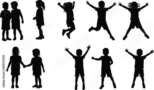 Jumping and playing kids silhouettes – happy children jumping, holding hands, standing, and celebrating in playful poses, vector black silhouettes