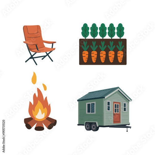Camping chair, vegetable rows, campfire and mobile cabin icons, outdoor adventure vector for campsite map, farm stay, weekend getaway design