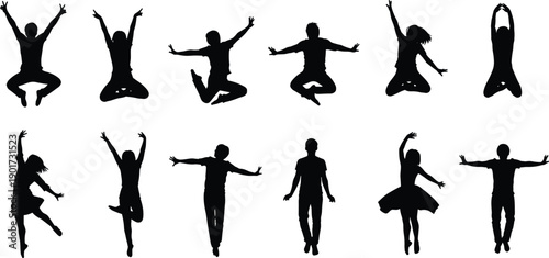 Jumping people silhouettes set, happy men women celebrating freedom, dynamic poses, joy energy concept, black vector isolated background