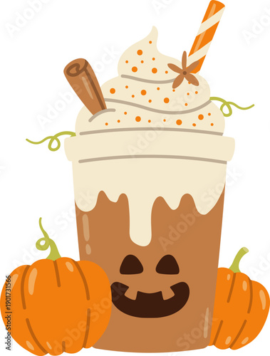 Halloween Pumpkin Spice Coffee Latte, Fall Drink with Cinnamon