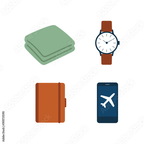 Travel essentials icon set with folded clothes, wristwatch, wallet and flight phone, packing checklist vector for trip planner design