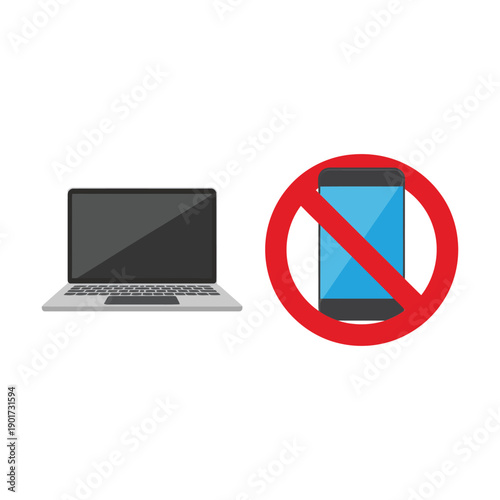 Laptop with no phone sign icon, digital detox and focus time vector for work break policy, productivity habit, wellness design
