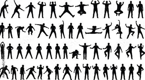 Human silhouettes set, men and women jumping dancing poses, active lifestyle movements, black vector figures, isolated white background, collection, icons