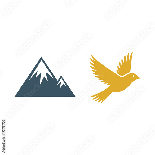 Mountain peaks with bird silhouette vector icons, nature adventure symbols for outdoor travel logo, hiking club poster, minimal landscape design