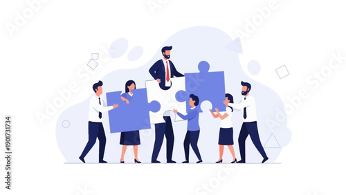 Teamwork assembling puzzle pieces with leader on top, business concept