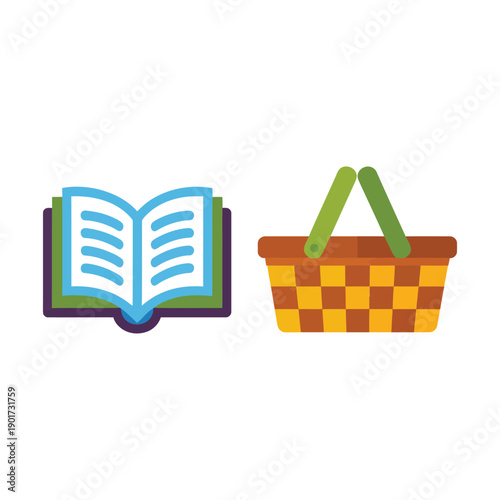 Open book and picnic basket icons, outdoor reading event graphic for library program, park festival, family picnic flyer design template