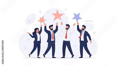 Teamwork Success: Diverse Business People Celebrating Achieving Goals with Stars