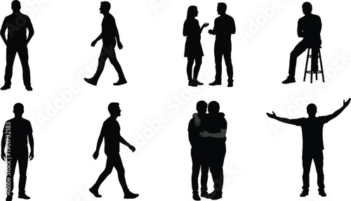 male silhouettes, standing walking talking sitting hugging gestures, isolated black figures, white background, people poses illustration, lifestyle