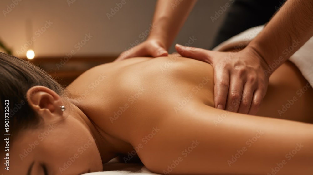 Fototapeta premium Serene Retreat: A close-up view capturing the essence of relaxation and tranquility, as skilled hands perform a massage, releasing tension and promoting overall well-being.