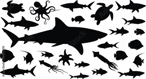 Marine animal silhouettes collection featuring shark fish turtle octopus squid sea creatures black shapes isolated on white background illustration set