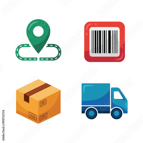 Delivery logistics icons with route pin, barcode label, package box and truck, shipping and tracking vector for ecommerce, warehouse management