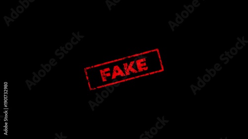 Animated Vibrant Red grunge rubber stamp with Fake text, isolated on transparent background.Rubber, seal, red, vintage effect, textured, motion graphics for video content and web.