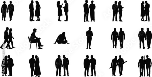 People silhouettes collection showing couples, conversations, walking, sitting poses, social interaction, relationships concept, black figures isolated on white background illustration