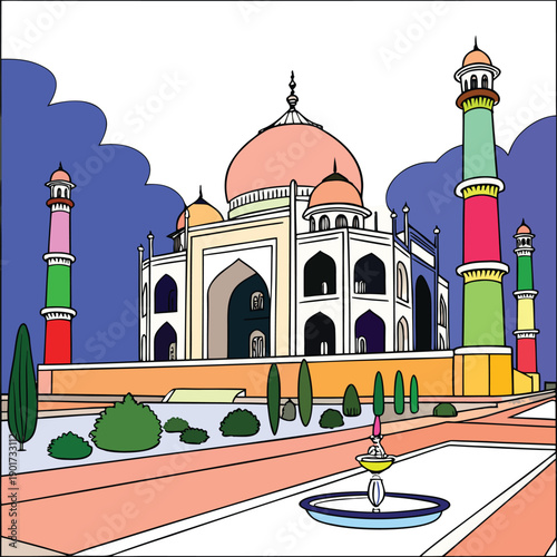 Vector illustration of the Taj Mahal in Agra India showing its white marble domes minarets and iconic monument architecture under a clear sky