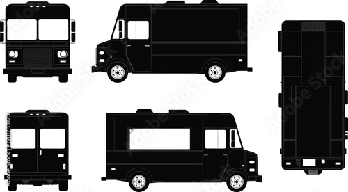 Food truck vector illustration set showing front side rear and top views isolated on white for mobile restaurant branding design