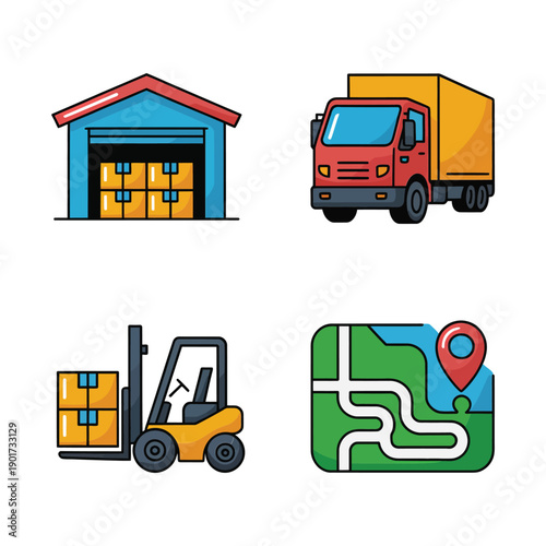 Freight terminal vector, warehouse facade, cargo truck, forklift, navigation map, logistics career fair signage, shipping operations session schedule today