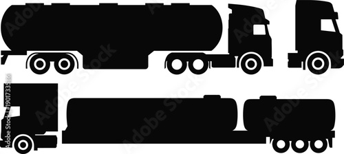 Fuel tanker truck silhouette vector set showing side and cab views isolated for logistics petroleum transport industrial design