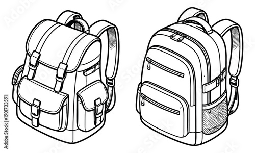 Hand drawn line art backpack set featuring two distinct styles, a vintage rucksack and a modern school bag for travel, education, or outdoor adventure designs