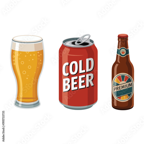 Beer glass, can, and bottle vector set for pub night poster, tasting event, brewery tour, summer festival, bar menu