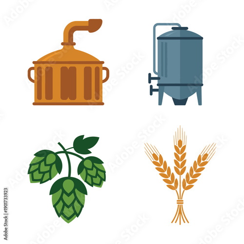 Brewery equipment icons, copper kettle, fermenter tank, hops and wheat, beer festival logo, brewhouse tour session, cellar management training