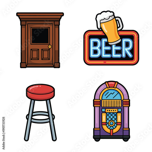 Bar stool, neon beer sign, jukebox and doorway, game night flyer, karaoke session signup, dart tournament schedule, tap takeover event