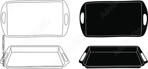 Collection of Rectangular Serving Tray Outlines and Black Silhouette Vector Illustration Isolated on White Background for Kitchenware Catering Restaurant Design