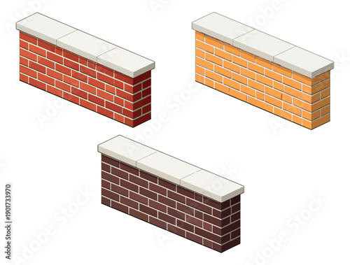 Isometric illustration brick wall segments set featuring different colored bricks and coping stones for architectural design