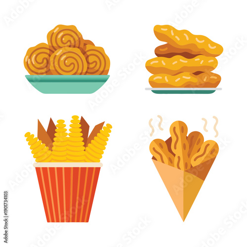 Fried food fair icons, onion rings, crispy strips, french fries cup and cone, snack stand poster, tasting session vector
