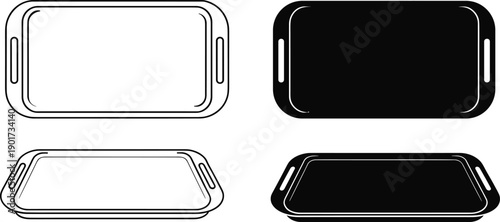 Collection of Serving Tray Outlines and Black Silhouette Vector Illustration Isolated on White Background for Kitchenware Restaurant and Food Service Design