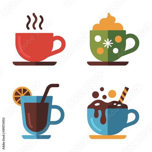 Cafe drink menu illustration, red mug, floral green cup, iced citrus glass, cocoa with straw, tasting workshop session vector design