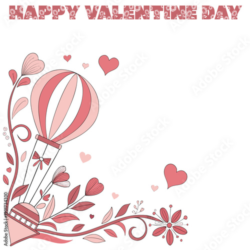 Romantic Hot Air Balloon with Hearts and Flowers for Valentine's Day