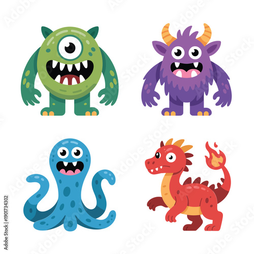 Funny monster vector set with green cyclops, purple furry beast, blue creature and tiny dragon, illustration for games, stickers, decor
