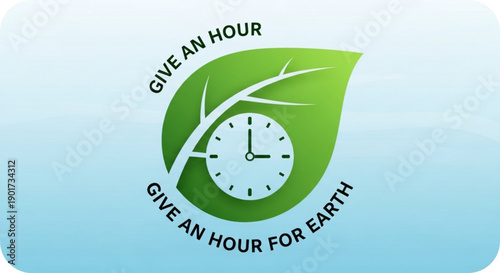 Eco friendly clock on leaf with 'give an hour for earth' slogan on blue background